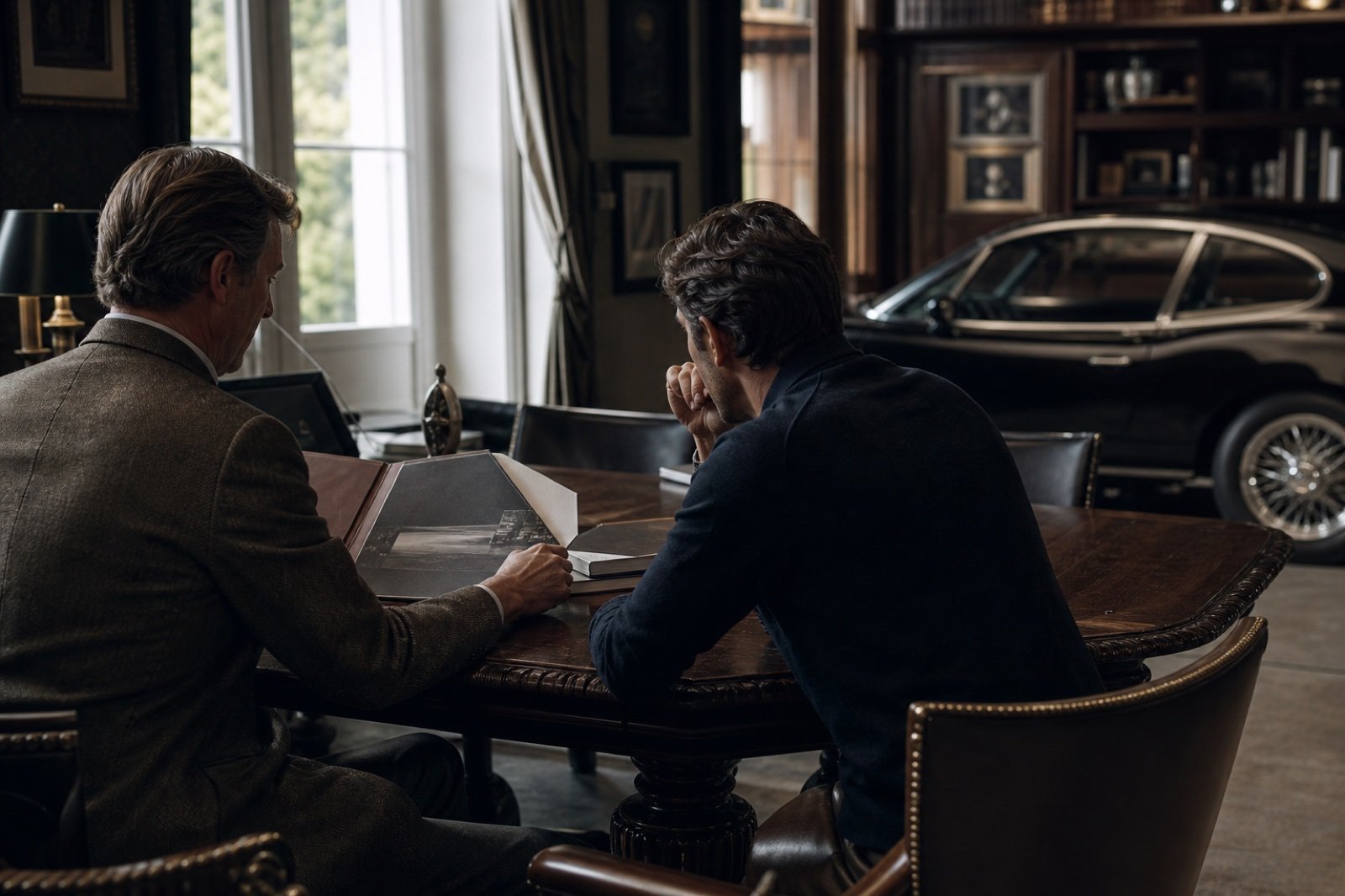 A private consultation in a refined automotive library