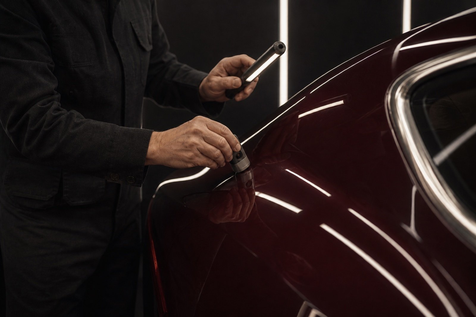 A specialist verifying the condition of a grand tourer